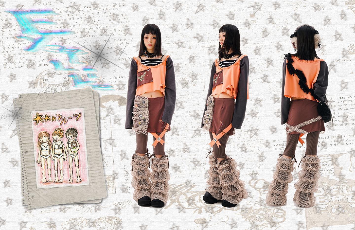 the image showcases a collagestyle photoshoot featuring a model in three different poses, each wearing a distinct yet cohesive outfit.  the fashion style is a unique blend of japanese street style elements, combining harajuku influences with gothic lolita and punk details.  the outfits incorporate layered clothing, featuring longsleeved shirts with distressed edges in shades of peach and brown, layered over mini skirts adorned with ruffle trim and mesh fabric accents.  brown leggings are paired with exceptionally high, layered ruffle boots in a beige/brown hue. the overall aesthetic is eclectic and expressive. the backdrop is a textured collage incorporating handwritten japanese text, drawings, stars, and other graphic elements that reinforce the artistic and unconventional nature of the clothing and the shoot.  a notepad with an animestyle sketch is prominently featured in the collage. the overall vibe is edgy, creative, and visually striking.