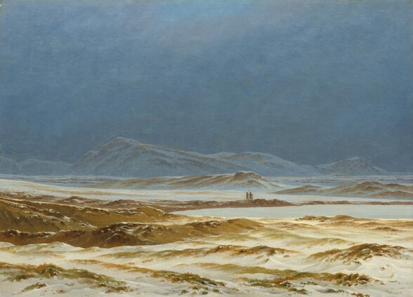 a landscape painting by caspar david friedrich, titled "the graves of heroes," depicting a winter scene with snowcovered dunes in the foreground, a body of water in the middle ground, mountains in the background, and a dark, overcast sky. two small figures stand together on a small strip of land in the middle ground. the scene is stark and desolate.
