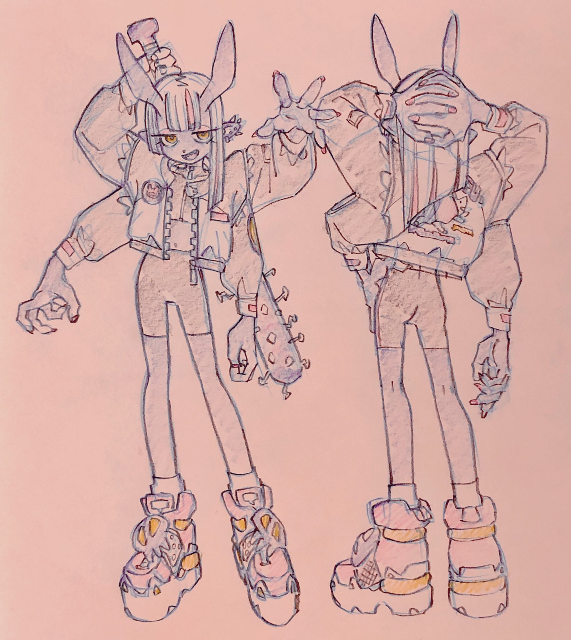 a pencil sketch on pink paper depicts a stylish rabbitlike humanoid character from two angles. the character has long rabbit ears, sharp teeth, clawed hands, and wears a bomber jacket, graphic tee, leggings, and chunky sneakers. the left view shows the character striking a pose with a spiked bat, while the right view hides their face with their hand.
