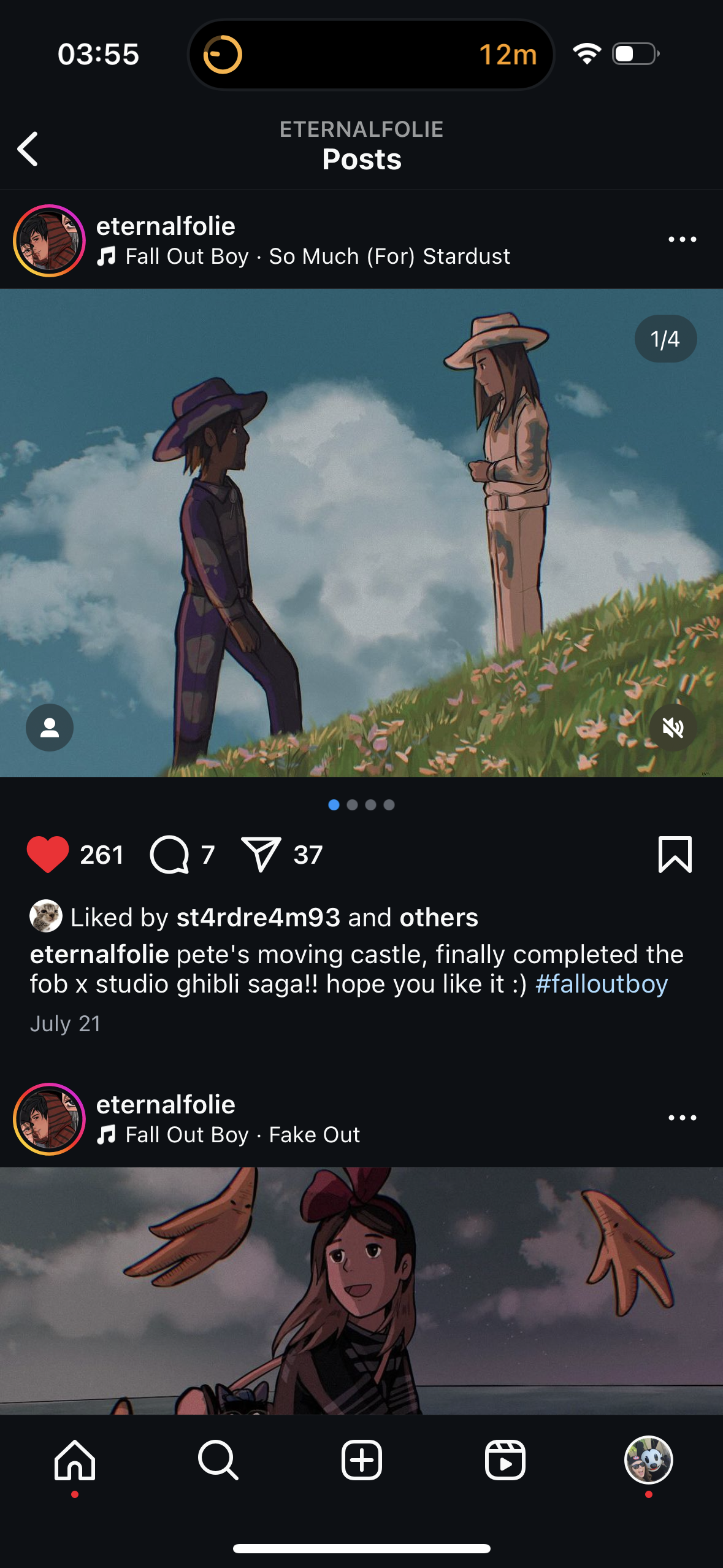 this is a screengrab of an instagram post by the user 'eternalfolie'. the post is about their artwork of fall out boy's music video for 'so much (for) stardust', which is a fan art inspired by the studio ghibli movie 'howl's moving castle'. the post contains two pictures: one showing two characters, one male and one female, standing on a hill and the other picture shows a character with curly hair and a red ribbon in their hair. the post has also gathered 261 likes and 7 comments.