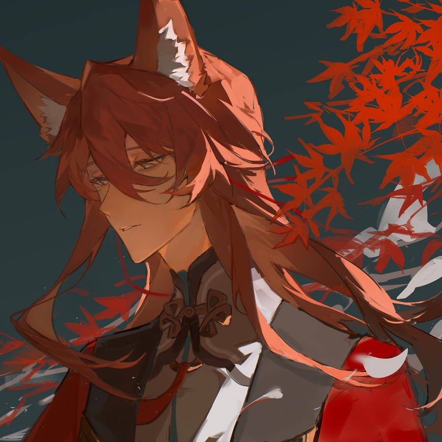 the image is a digital art piece featuring an anime girl with long red hair styled in a messy ponytail. she has fox ears and a fox tail. she is wearing a red and white kimonolike outfit with a large red bow at the collar.  she looks to be sad or concerned. the background is a blurred image of  branches of leaves blowing in the wind, the leaves are red and white. the girl is looking off to the side and the artist has used lines to depict hair blowing in the wind.