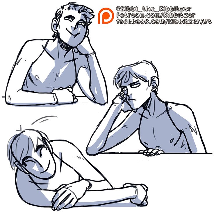 this is a digital illustration of three male cartoon characters in different poses. the first character is leaning on their hand looking upward with a dreamy expression. the second character has their chin resting on their hand, looking forward with an unimpressed expression. the last character is lying down, head resting on their arm, with a happy look on their face. they all are wearing sleeveless shirts and are depicted with simple line art, and in a casual and relaxed setting.