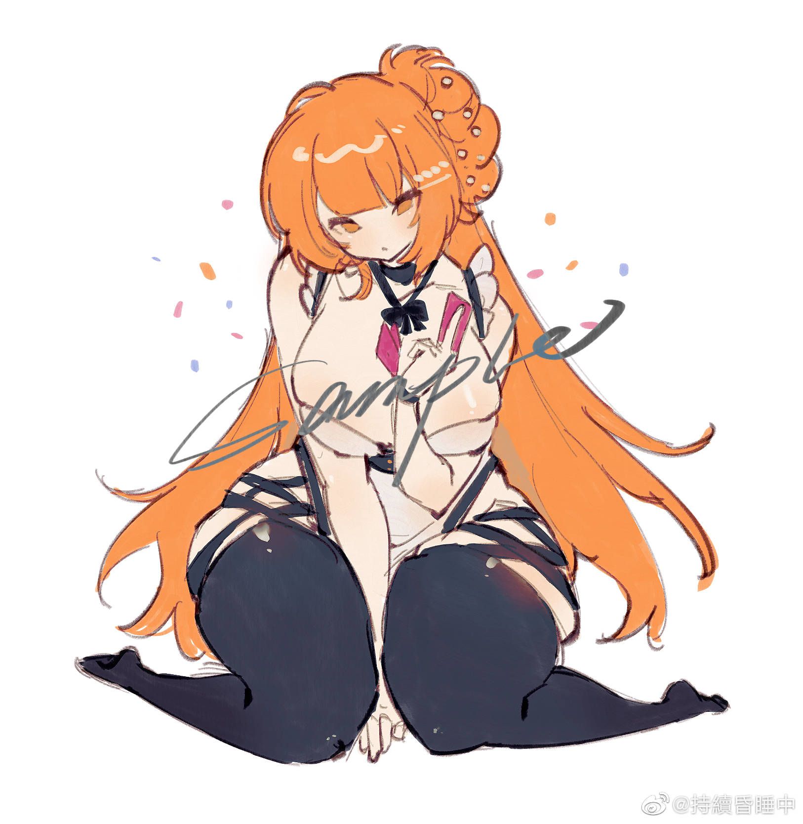 this is a sketch of an anime girl with long orange hair, styled in a partial updo with a braid. she has fair skin and is blushing, with her eyes closed. she is wearing a white and pink maid outfit with detached sleeves, black thigh highs, and a black garter belt. the background is white with scattered confetti. the image is a sample, as indicated by the watermark. the overall style is soft and suggestive.