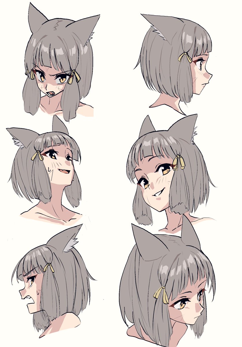 the image shows an anime girl with cat ears.  she has gray hair with yellow ribbons and is shown with different expressions. the image is drawn in a cartoon style and is very detailed.