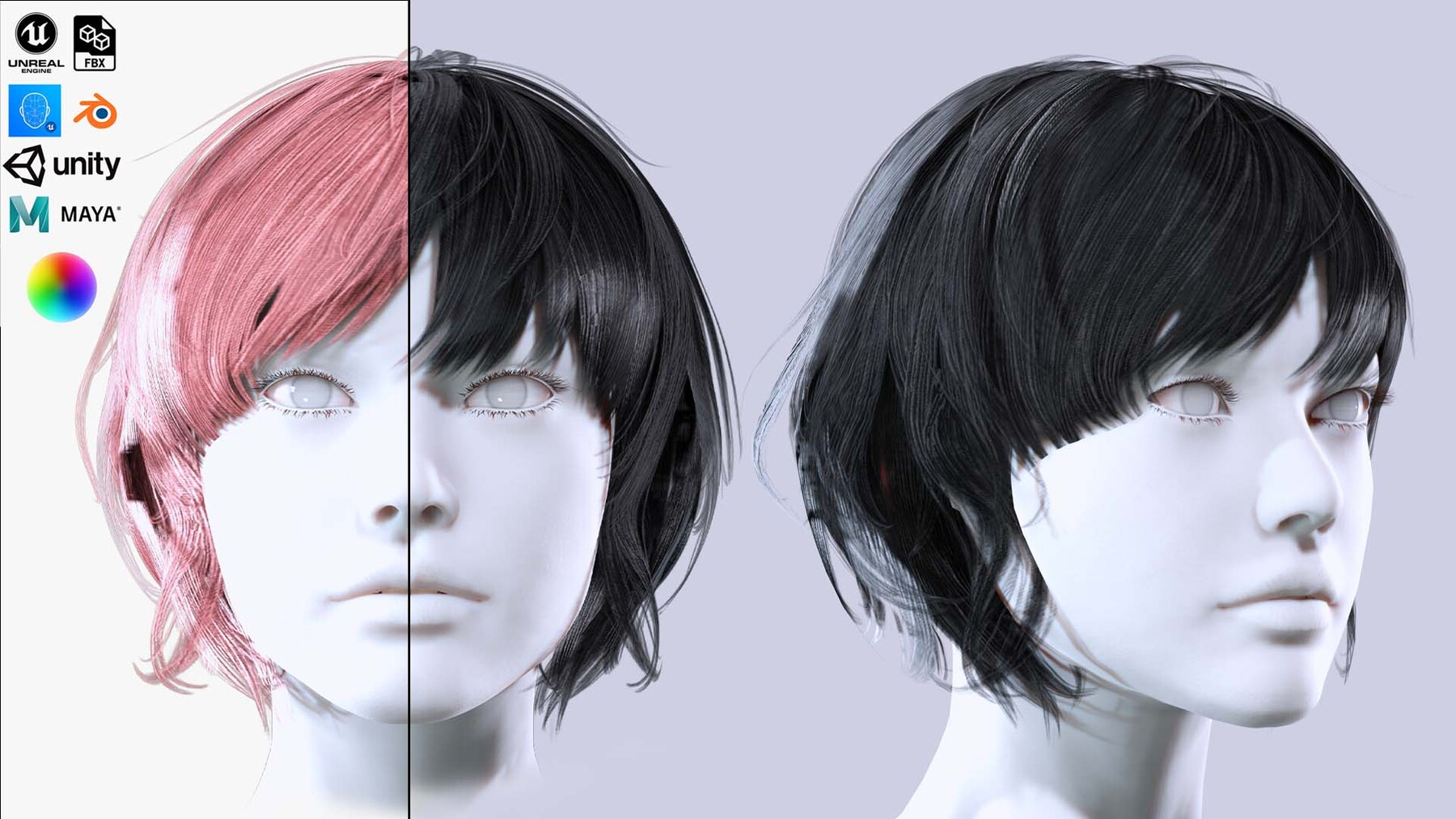this image showcases a 3d model of a female head with a short bob hairstyle. the image presents two views of the model: a front view and a side view. the model's hair is styled in a way that highlights its detail, with a distinct part dividing the pink and black hair colors. the face of the model is completely white, allowing for a clear focus on the hair and its styling. the image is rendered in a studio setting, with studio lighting that emphasizes the model's features and hair texture.