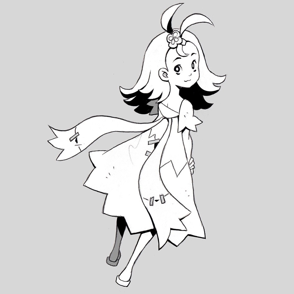 a black and white sketch of a young girl with long hair in a dress and scarf, with a flower in her hair. she is facing to the right and looking over her shoulder. the style is cartoonlike with simple lines and shading.