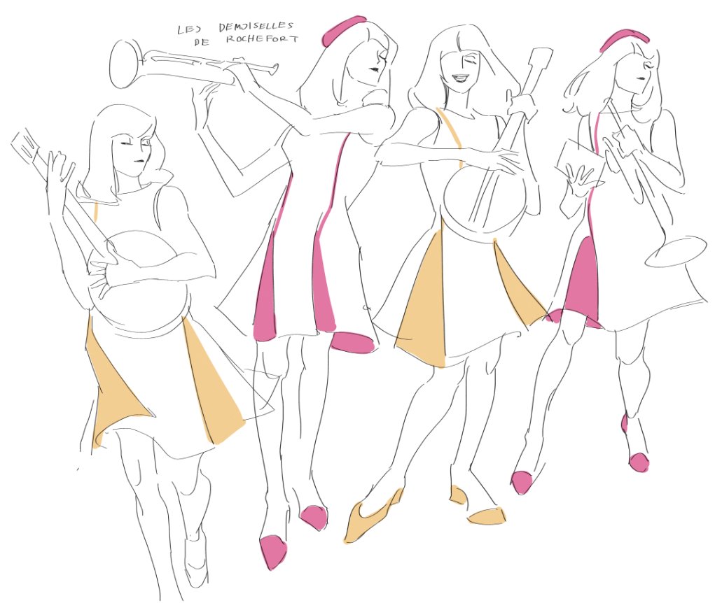 a simple line art sketch of four women playing musical instruments. the women are all dressed in similar dresses and are positioned as if they are performing as a band. the drawing is stylized with a minimalist approach, focusing on the outlines and shapes of the figures and instruments. the background is white.
