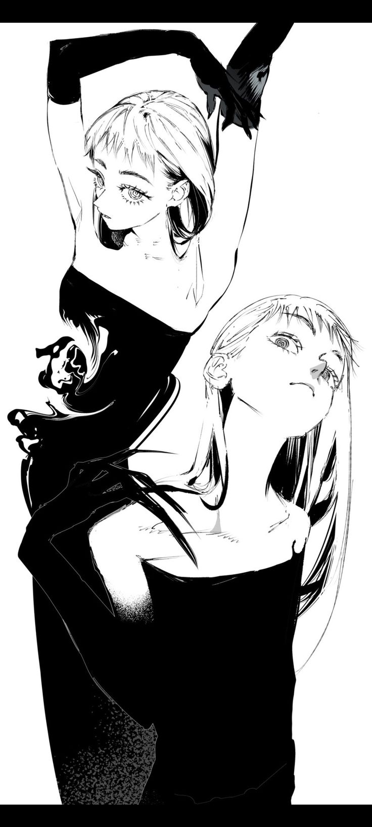 a black and white illustration of two anime girls, one in a black dress and another in a white top. the girl in the black dress is obscured in shadow, with only her face and upper body visible. the girl in the white top is standing behind the blackdressed girl and she is looking at the viewer with a thoughtful expression.  the artwork is done in a manga style with dramatic shadows and highlights. the overall tone is dark and mysterious.