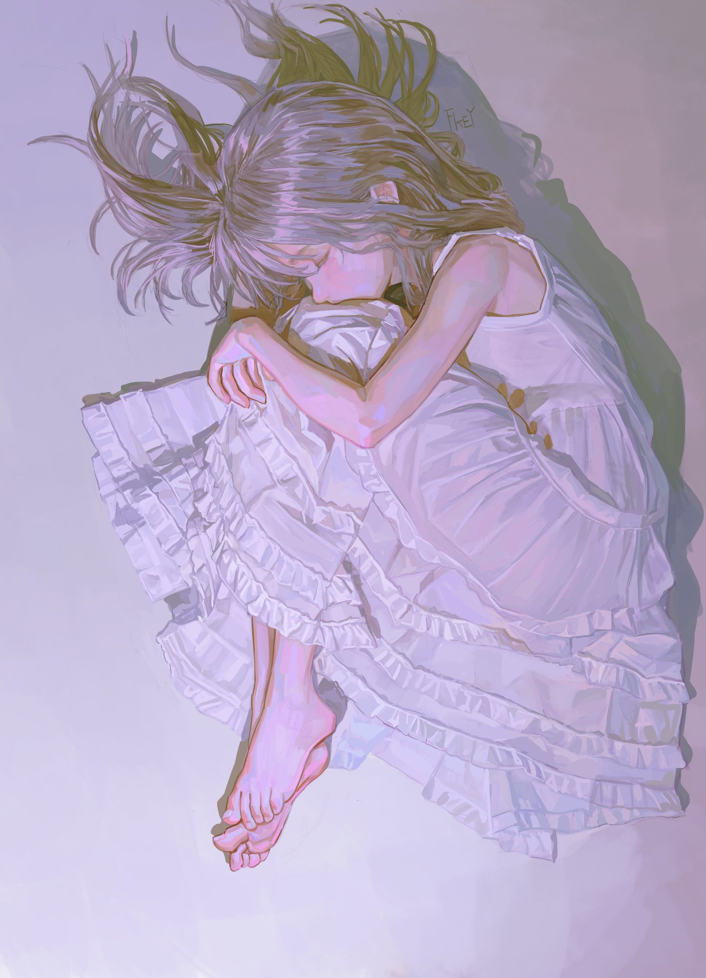 an illustration depicts a girl curled up on the floor. she wears a white dress with ruffles and has long hair spread around her. the lighting creates soft shadows around her body. her eyes are closed, and she appears to be sleeping.