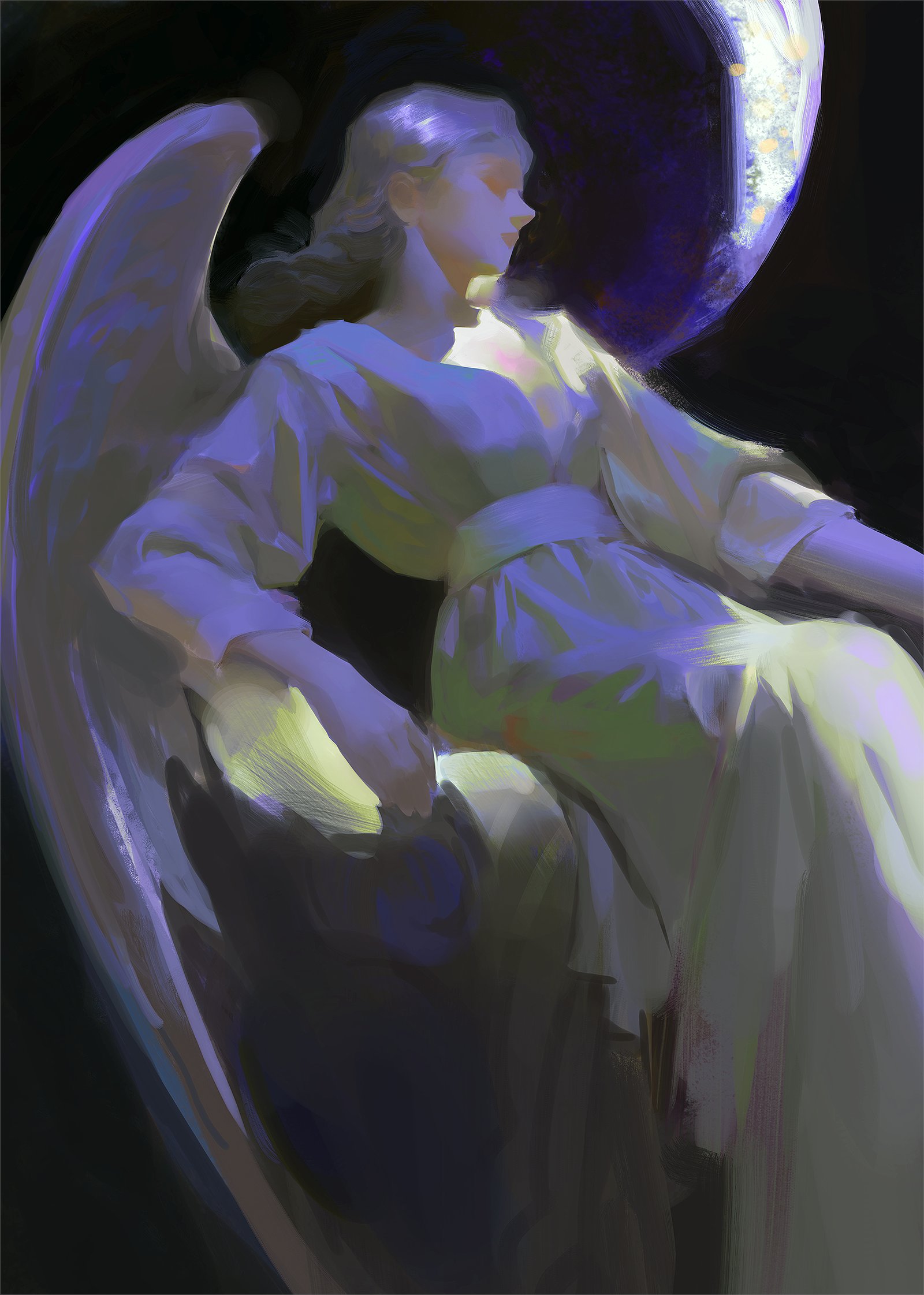 a beautiful angel, depicted as a woman with large white wings, is illuminated in a dark night sky.  the angel is clad in a white robe and is surrounded by a  mystical light emanating from the moon, giving her an ethereal and celestial appearance. the painting captures a sense of spirituality and fantasy.