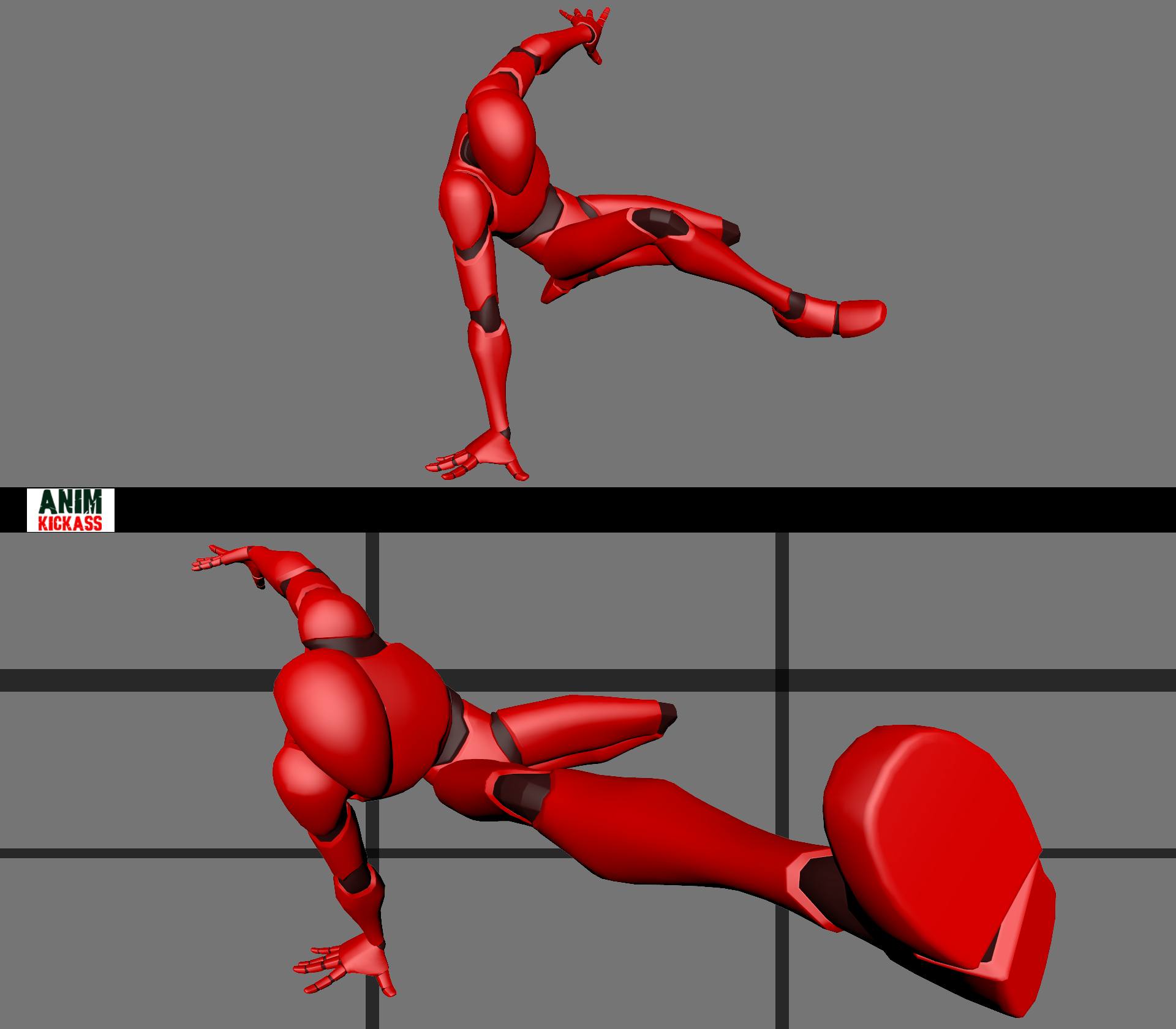 the image shows two angles of a red, stylized 3d rendered humanoid robot character in an action pose. the top view shows the character with one arm extended upwards and the other planted on the ground, with one leg extended to the side. the bottom view shows a similar pose, but from a different angle, with the character leaning forward. the background is a plain gray with a grid. the text "anim kickass" is visible in the bottom left corner.