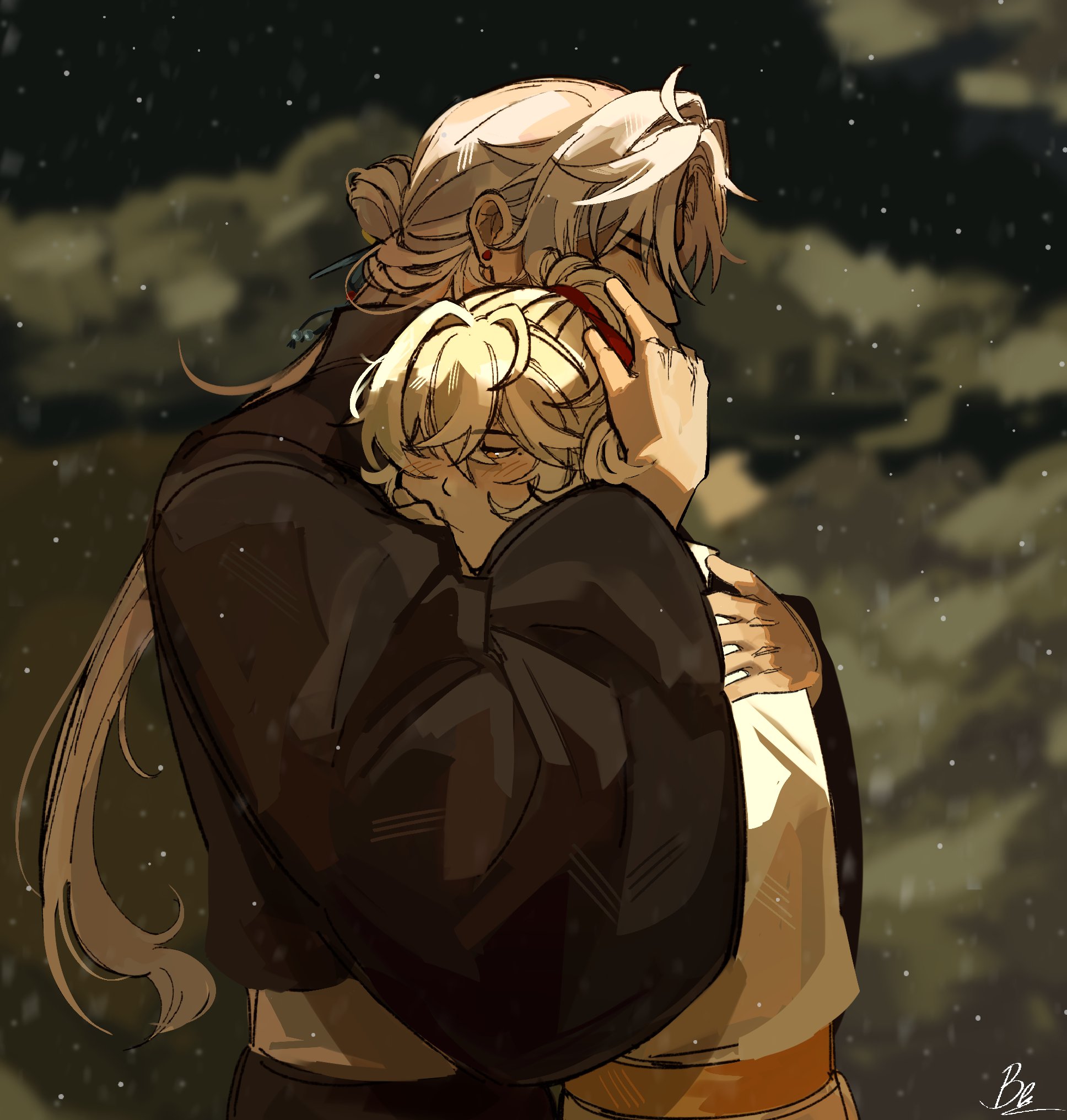 the image depicts two anime characters, one with silver hair and the other with blonde hair, embracing each other tightly. they are both dressed in traditional east asian clothing, suggesting a fantasy or historical setting. the silverhaired character is holding the blondehaired character close, with their hands clasped together. the blondehaired character is leaning into the silverhaired character, their eyes closed and their expression peaceful. the background is a blurred out landscape with snowfall, creating a romantic and intimate atmosphere. the overall tone of the image is one of love, comfort, and tenderness.