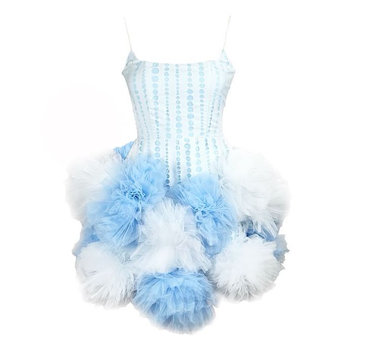 a short dress with spaghetti straps, featuring a blue and white polka dot bodice and a skirt adorned with layers of blue and white tulle flowers.
