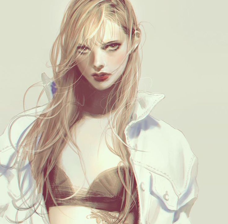 the image is a digital painting or illustration in an anime or manga style. it depicts a young woman with long, blonde hair that is slightly windblown. she has pale skin and a serious expression. she's wearing a white denim jacket, partially open to reveal a darkcolored crop top or bra. the lighting is soft and pasteltoned, creating a dreamy or ethereal atmosphere.  there's a hint of a tattoo visible just below her bra line. the overall style is artistic and focuses on the character's expression and soft features.