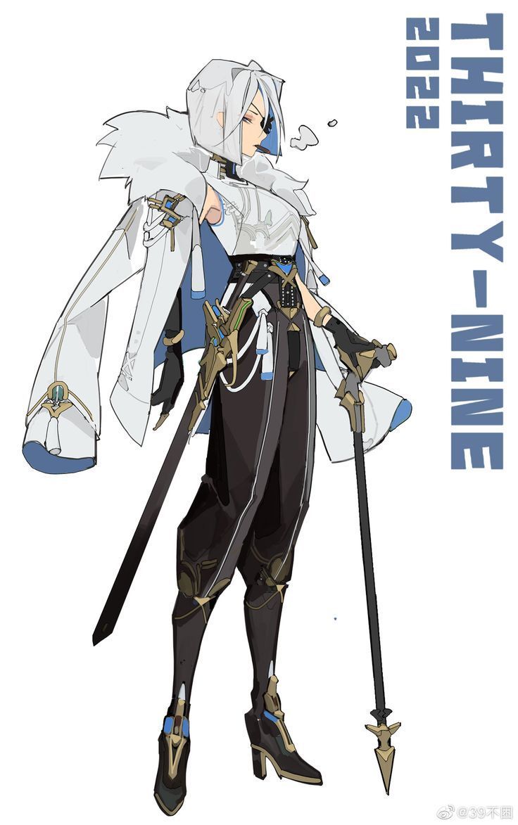 the image showcases a stylized female anime character, possibly from a video game. she has long white hair, and is dressed in a sophisticated outfit combining black and white elements with gold accents.  the attire features a flowing white cape, intricate black pants and boots, and golden detailing on the armor and accessories.  she carries both a sword and a spear, suggesting a warrior or fighter persona. the art style is reminiscent of popular anime and game character designs, with a focus on clean lines and expressive features.  "thirtynine" and "2022" are visible in the background, possibly indicating a title or release year. the overall aesthetic is elegant yet powerful, with attention to detail in both the costume and the character's pose.