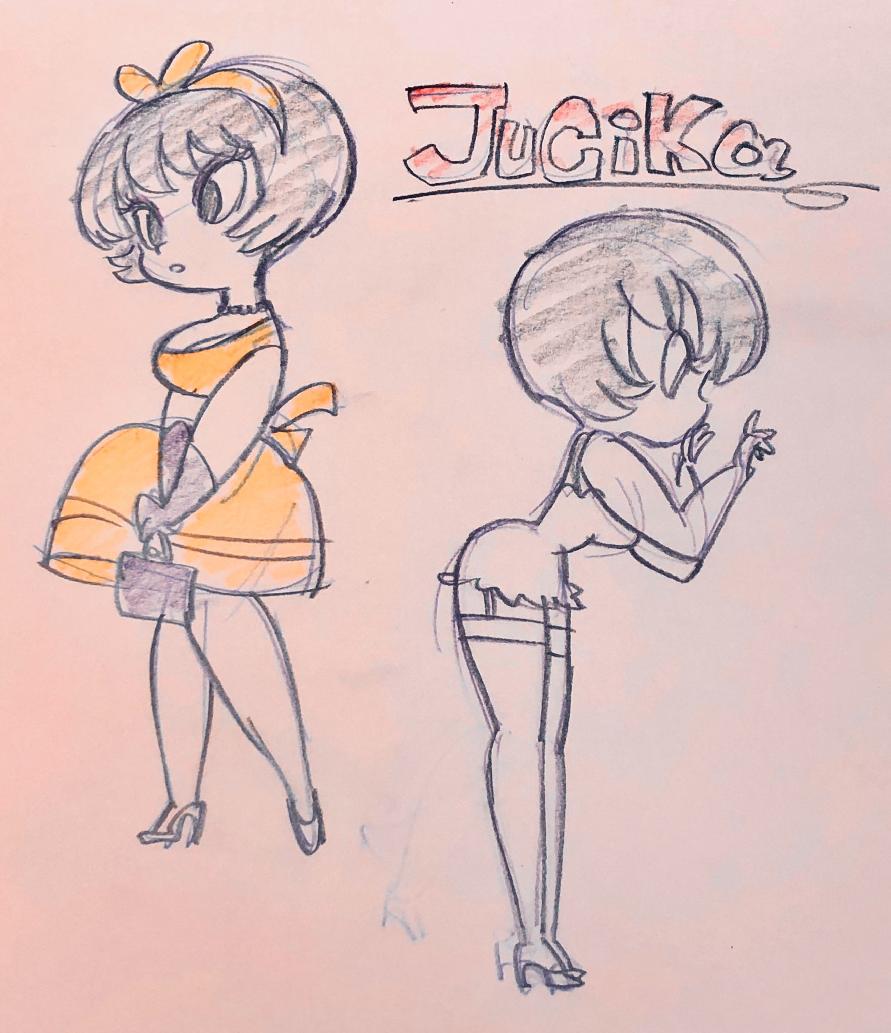 this is a sketch or figure drawing of a woman named "jucika" in two different poses, wearing two different outfits. on the left side of the image is jucika wearing a yellow dress and heels. she has her hand on her hip and is carrying a purse. on the right side of the image is jucika wearing a white dress and heels. she has one hand on her hip and the other hand is up near her face.  both illustrations seem to be influenced by vintage pinup girl style.