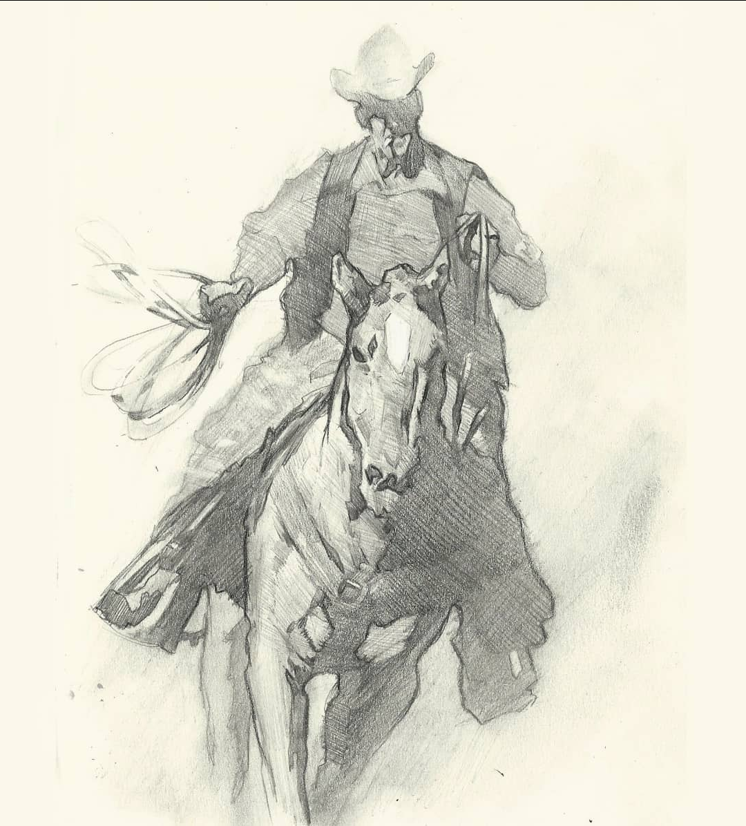 a black and white sketch of a cowboy on horseback, lasso in hand, at a rodeo. the cowboy is leaning forward in the saddle as the horse gallops, its legs blurred to show motion. the image has a sense of action and energy.