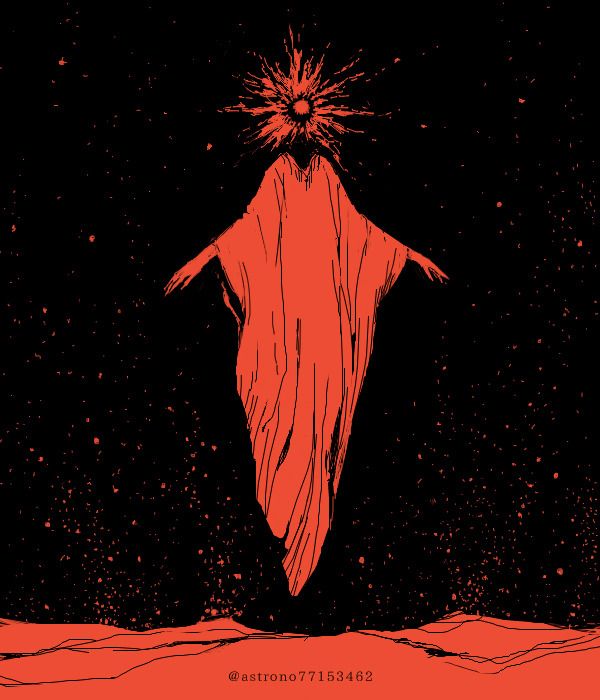 a red figure cloaked in fabric floats in a black, starspeckled space. the figure's arms are outstretched. a sunlike object with radiating rays is positioned above its head. the scene is grounded by a red, wavy landform at the bottom of the image. the overall effect is dark, mysterious, and cosmic, like a celestial being suspended in space.