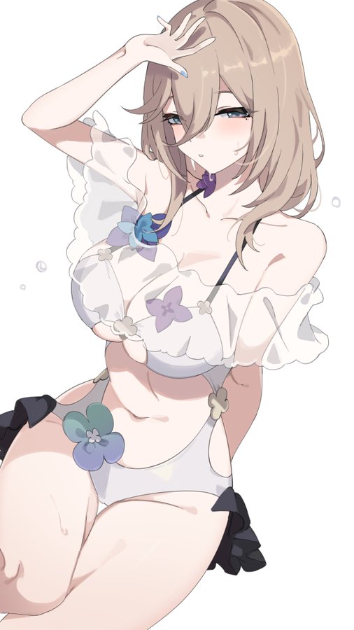 an anime girl with long blonde hair is wearing a white swimsuit and a black and white ruffle skirt. she is blushing and smiling slightly as she looks down. her right hand is raised to her forehead and she has a blue flower on her finger. she is standing in front of a white background.