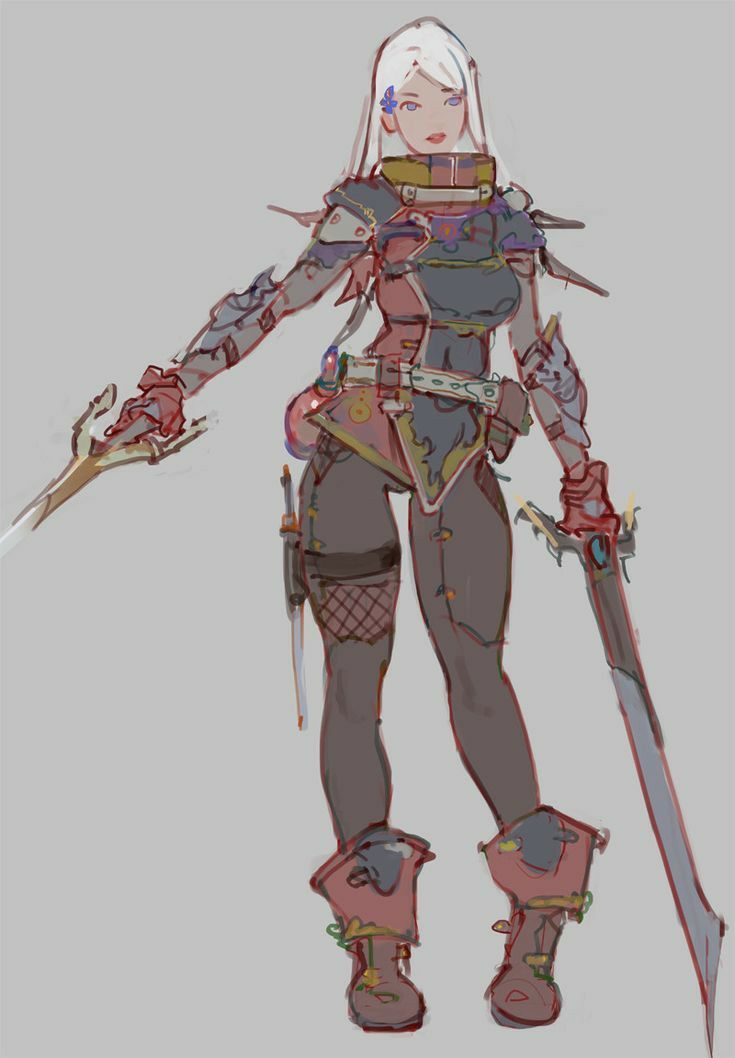 the image is a digital painting or sketch of a female fantasy warrior.  she has long white hair, is wearing elaborate armor incorporating reds and dark colors, and wields both a sword and a dagger.  her style leans towards anime or manga, with a painterly, unfinished look to the artwork.  the background is a simple, neutral grey. the overall style is suggestive of concept art for a video game or similar media.