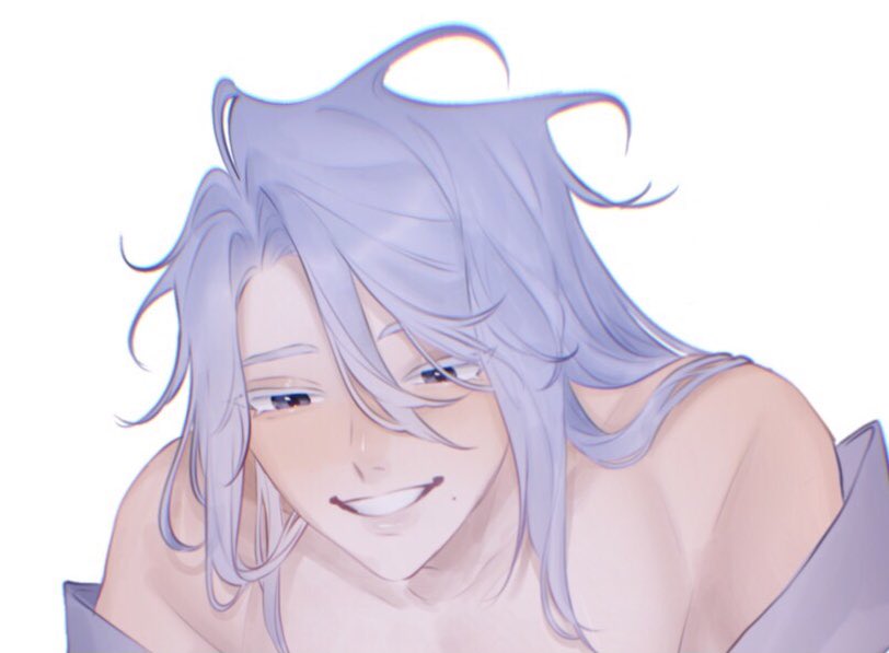 a digital illustration of an anime male character with long white hair, blue eyes, and a warm smile. the character is looking at the viewer with a gentle expression, making him appear attractive and cute. the illustration is done in a soft and delicate style, with muted colors and a focus on the character's facial features. the background is white, further emphasizing the character and their expression.