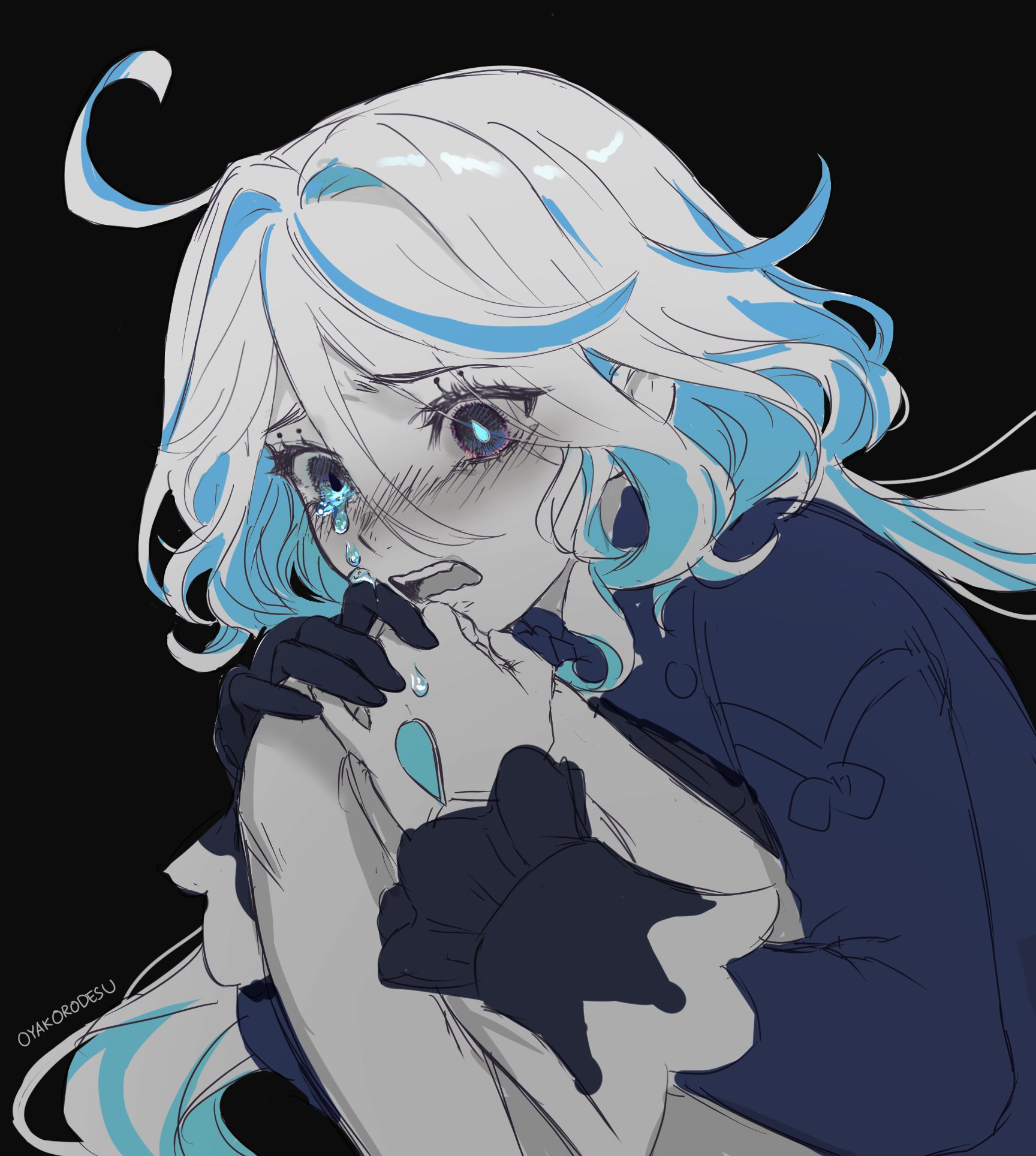 a drawing of an anime girl with blue and white hair, wearing a dark blue and black outfit and black gloves. she is crying, with tears falling from her eyes, and she is holding her face with her hands. she is sitting on the floor, her back to the viewer, her eyes closed.  she looks sad.