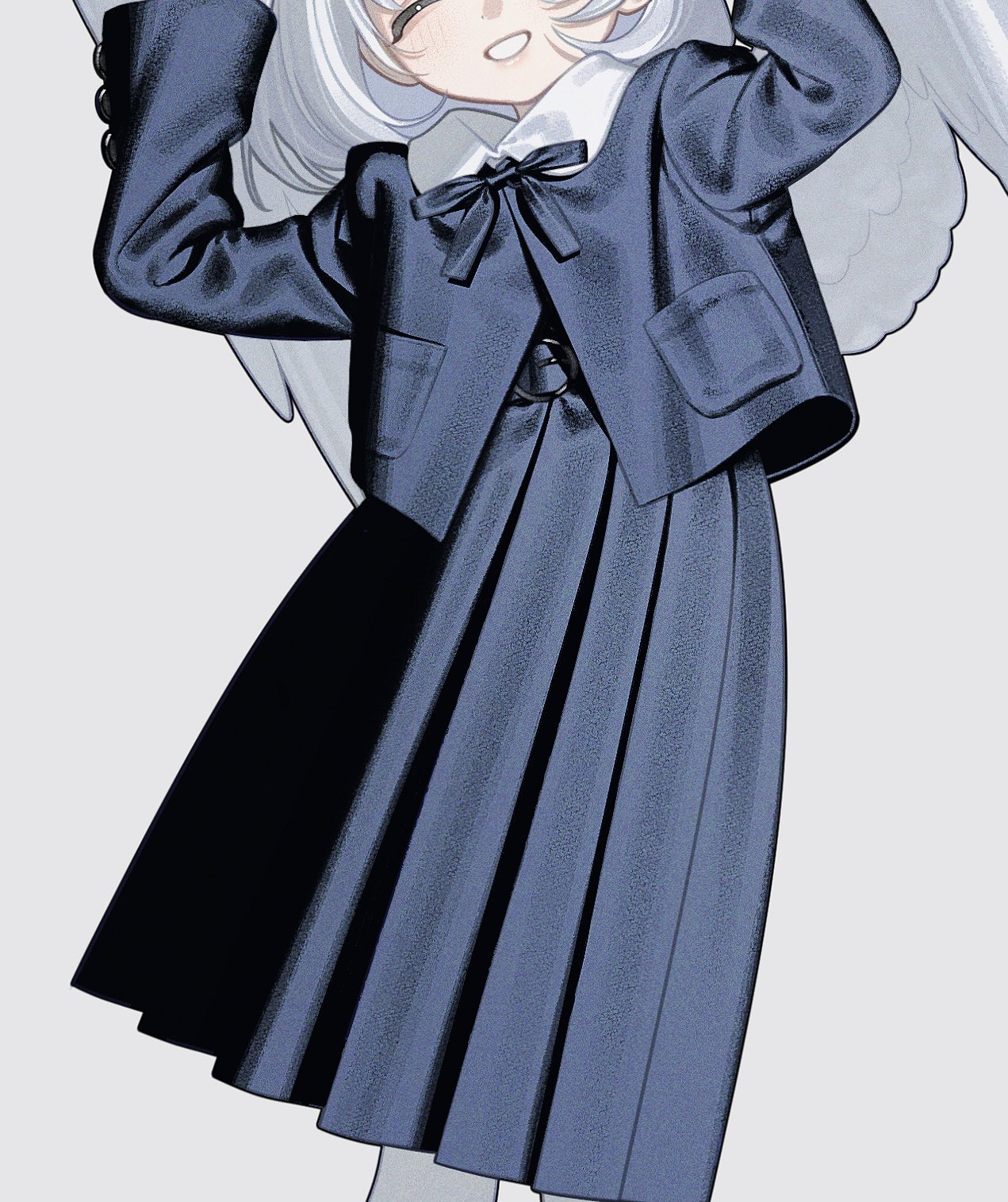 he image is a digital illustration of an animestyle girl. she has long, white hair, and she's wearing a dark blue pleated skirt and jacket that looks like a school uniform.  she also has angel wings and a cute bow tie. the art style is stylized and slightly chibilike. the overall aesthetic is cute and delicate.