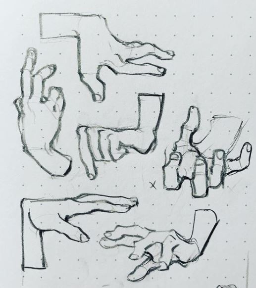 a pencil sketch of various hand positions and gestures drawn on lined notebook paper.  the sketch is a study of hand anatomy and gesture, and is done in a loose, expressive style.  the drawings are done in pencil and show the different shapes and movements of the hand.