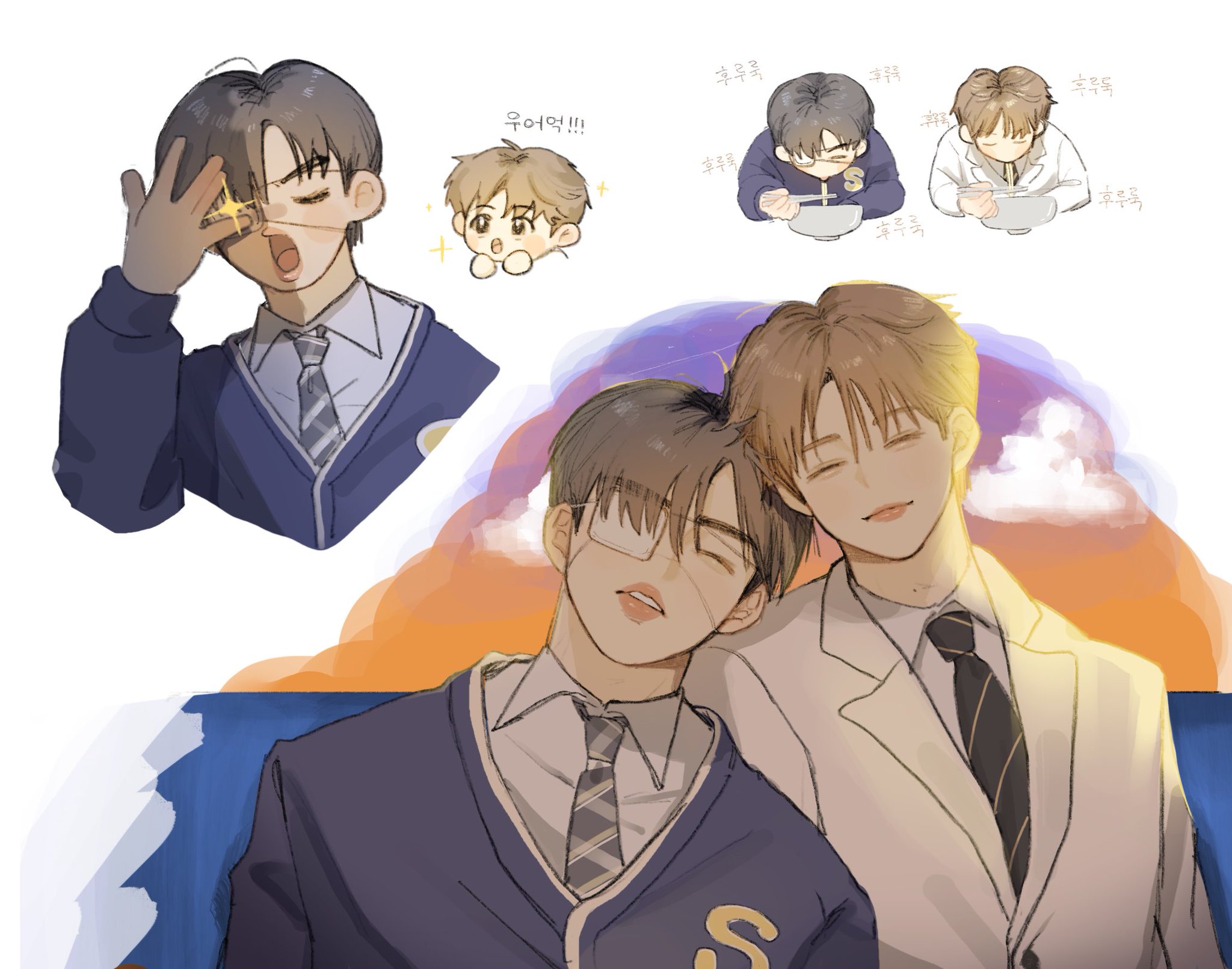 the image illustrates a romantic relationship between two young men, potentially inspired by korean manhwa or webtoon aesthetics. one man, dressed in a school uniform, leans against the other who is in a suit. the background features a warm sunset palette and sketches depicting the couple's playful dynamic. the art style emphasizes soft lighting and closeup perspectives to convey intimacy and tenderness.