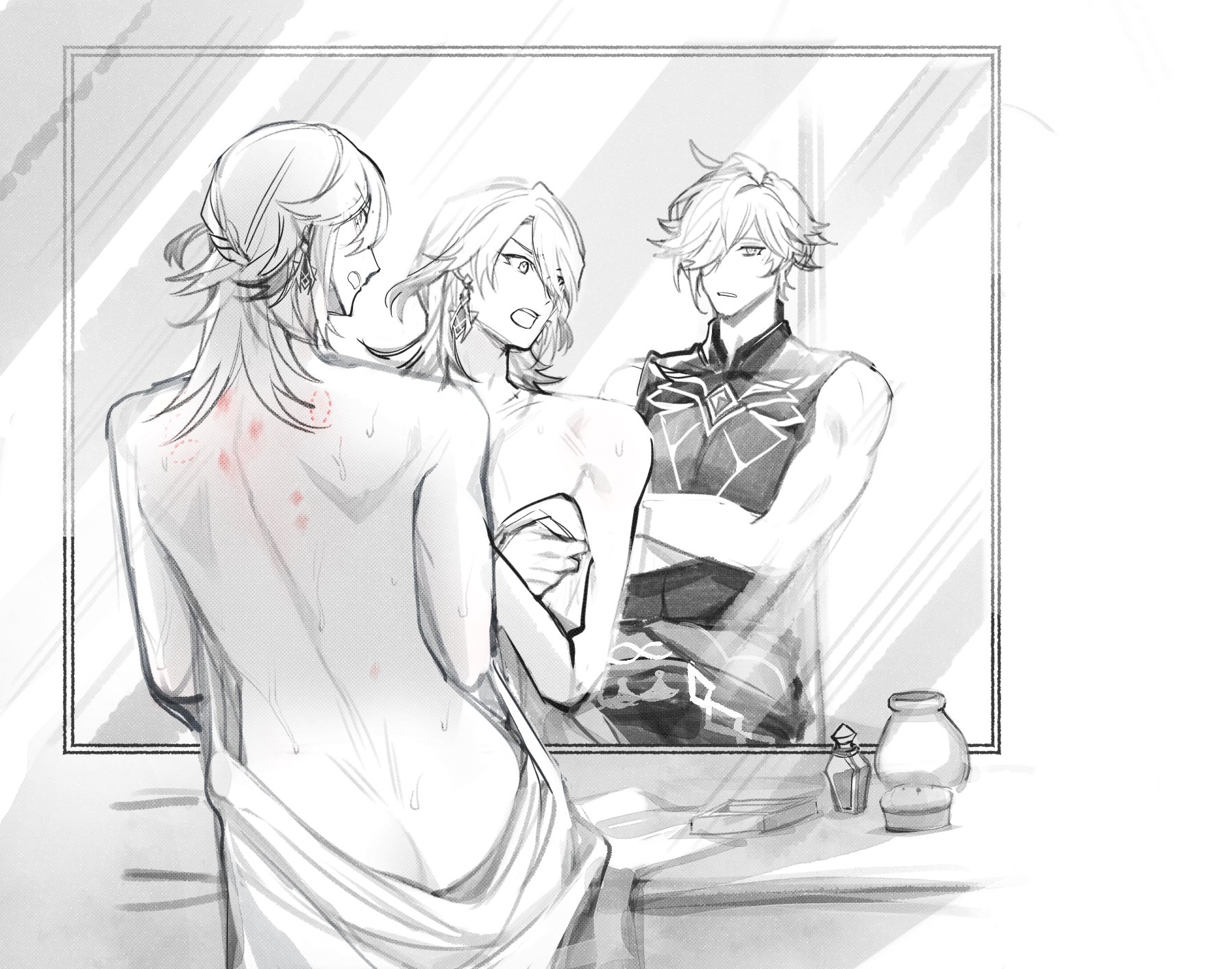 a sketch of two anime males, one in the reflection of a mirror, and the other behind it. the male in the reflection is shirtless, and has a bandage on his back, he is looking at the other male, who is also shirtless and has many scars on his back. the male behind the mirror is looking down at his scars and is holding a towel in his hands. the other male is wearing a vest over his shirt. the scene is set in a bathroom, with a bottle and a table in the background.