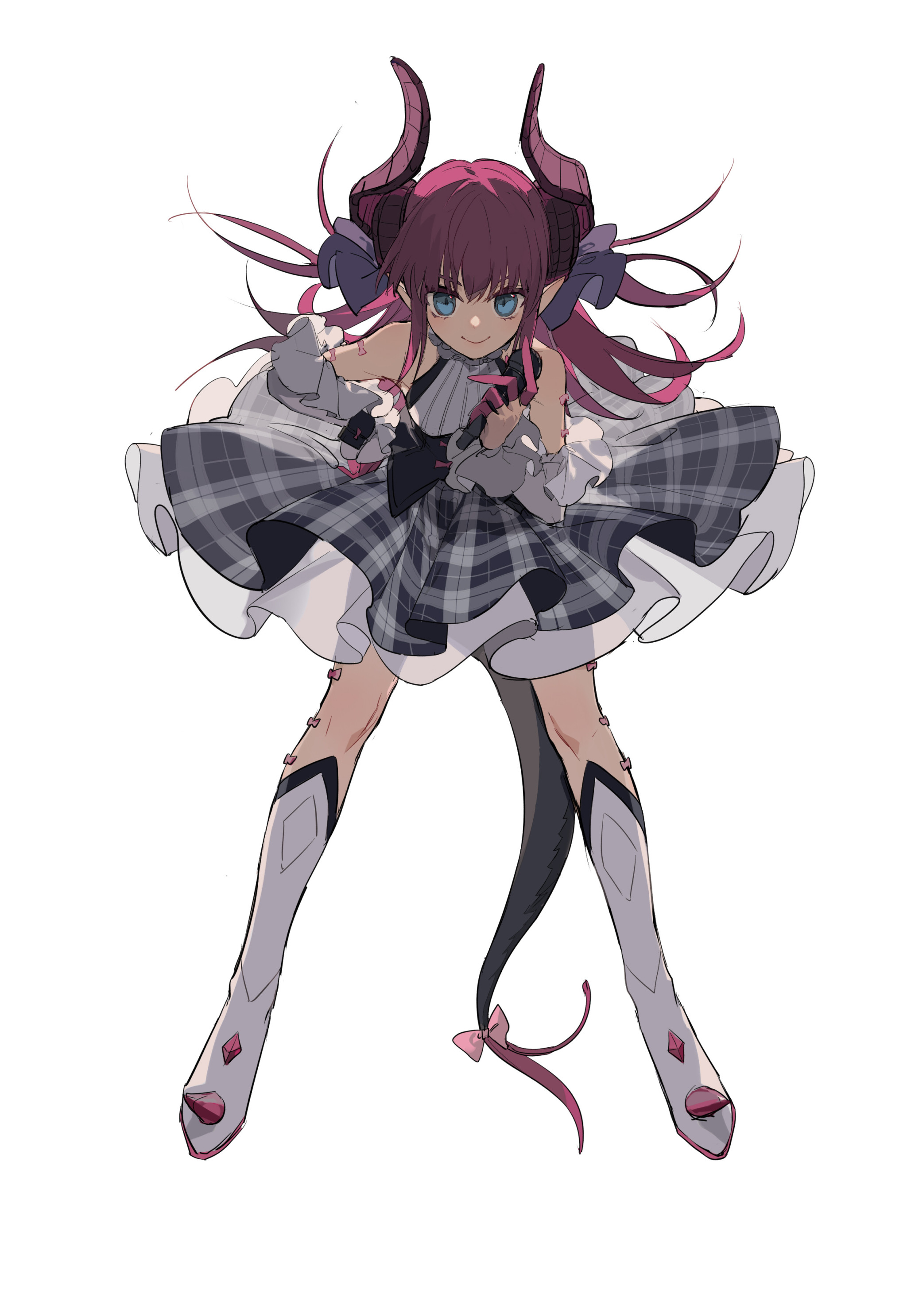 a full body shot of a demon anime girl with horns. she has pink hair and blue eyes and is wearing a plaid dress with a tail and stockings.