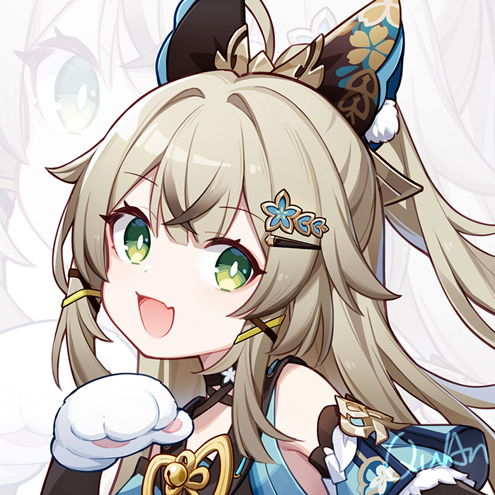 a close up shot of yae miko from genshin impact, she is a light skinned girl with large green eyes, long blonde hair, and wearing a blue and white dress with a cat ear headband. she has a happy expression on her face and is looking to the right of the image. the background is white with a blurred out image of a female face.  the image is drawn in a vibrant and colorful style with an emphasis on cuteness.