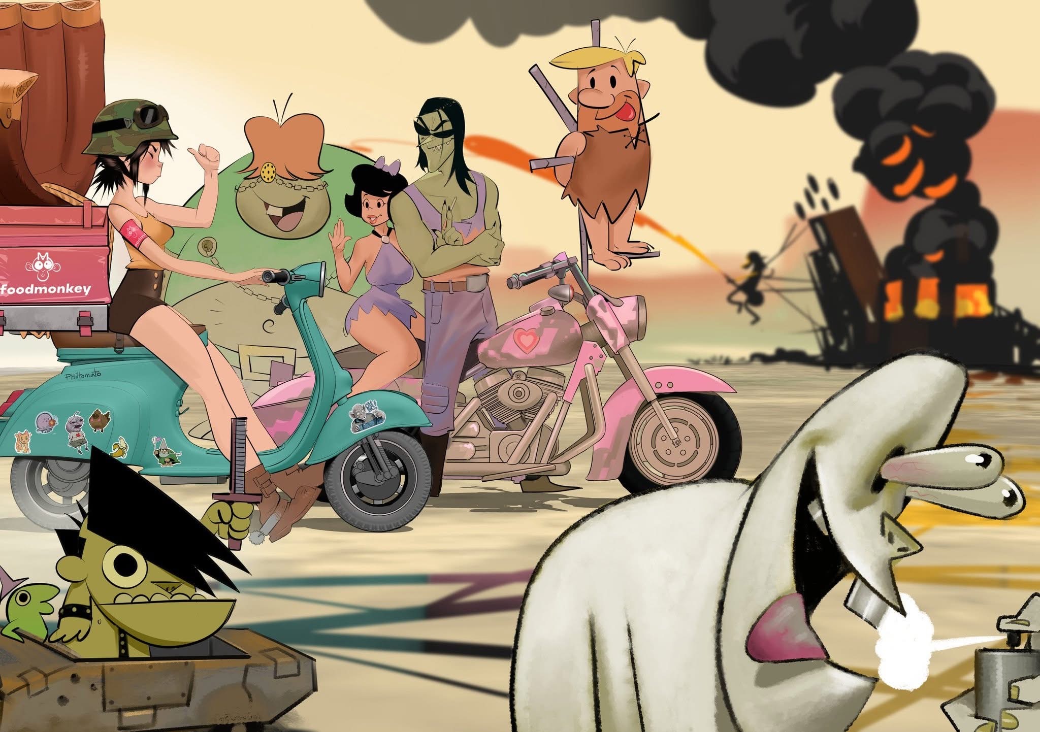 a crossover cartoon illustration featuring characters from gorillaz, the flintstones, and the jetsons in a postapocalyptic setting. noodle is riding a scooter with a foodmonkey delivery box, while fred flintstone is riding a pink motorcycle. murdoc niccals is in a tank, and wilma flintstone and george and judy jetson are also present. the background shows a dystopian landscape with flames, fire, and a battle scene. graffiti art is also featured prominently in the image.