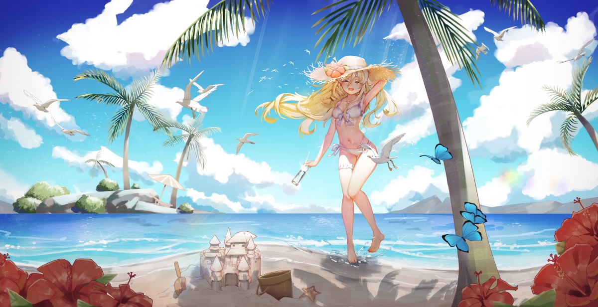 the image is a digital illustration of an anime girl enjoying a day at the beach. she has long blonde hair, is wearing a sun hat and a light pink bikini, and is standing on the sandy shore near a sandcastle. the background features a beautiful tropical scene with palm trees, blue ocean, white clouds, seagulls, and blue butterflies flying around.  hibiscus flowers are in the foreground and add to the tropical setting.  the overall style is bright, colorful, and cheerful.