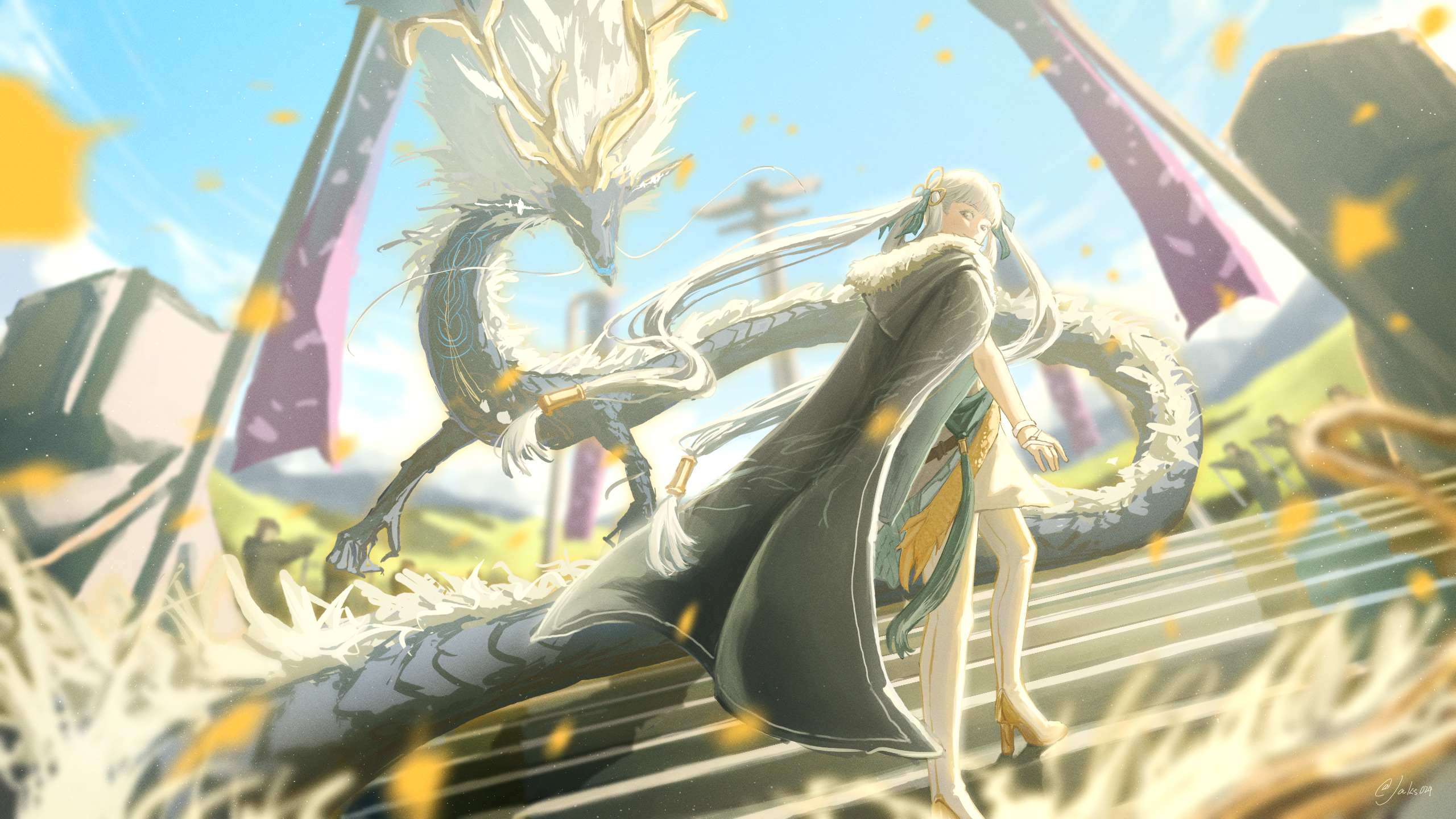 the image showcases a woman with long, flowing white hair, elegantly dressed in a white and green dress with a long, dark cape. she walks with grace, her gaze fixed ahead, atop a grand, ruined structure adorned with vibrant banners. behind her, a magnificent silver and white dragon strides with equal majesty, its intricate scales and sharp horns catching the sunlight.  the surrounding environment suggests ancient ruins bathed in the warm glow of a sunny day. a crowd of onlookers gathers in the distance, their presence hinting at a celebratory procession or a momentous occasion. the scene exudes an air of fantasy and wonder, capturing a harmonious blend of power, beauty, and the remnants of a bygone era.