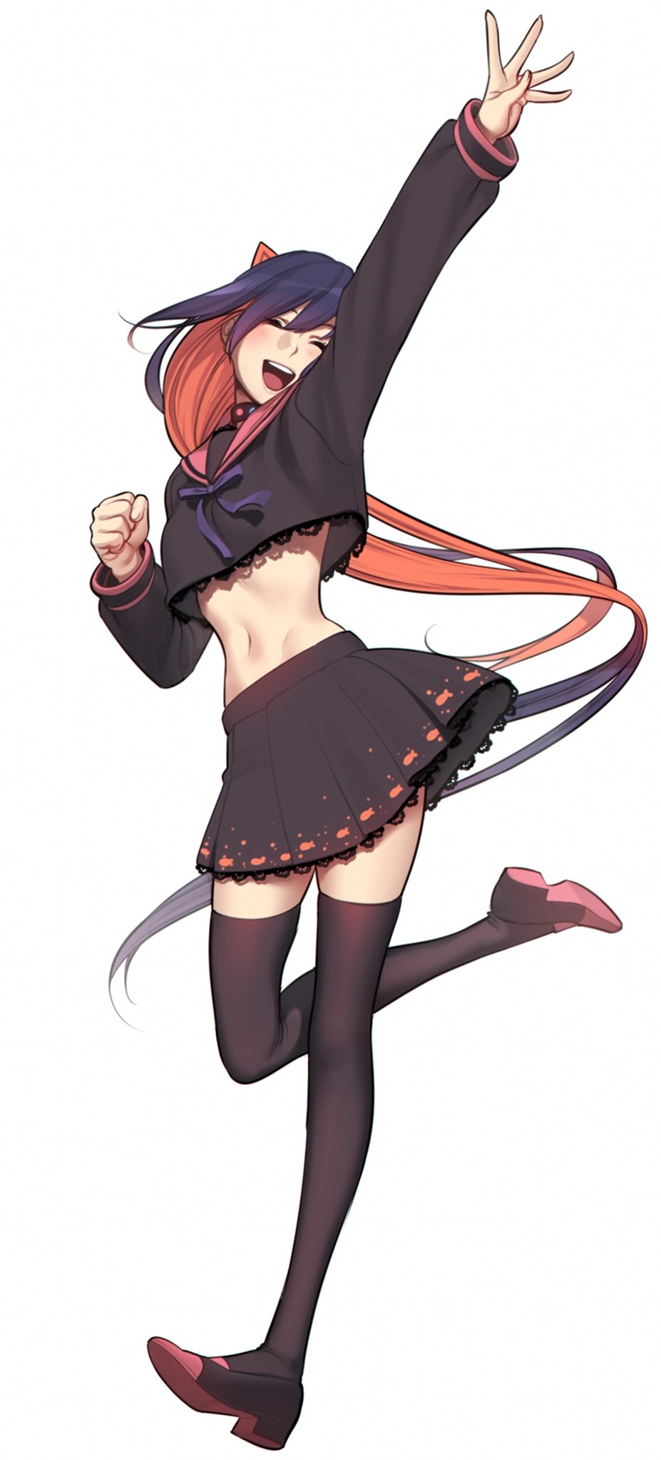 a drawing of a young woman with long, partially orange hair and cat ears, excitedly jumping in the air.  she is wearing a black and pinkthemed school uniform with a very short top and a short skirt, overtheknee socks, and mary jane shoes.
