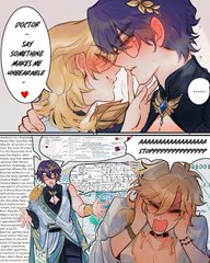 he image is a digital drawing or artwork that appears to be from an anime or manga style. it features two male characters in a romantic setting. the top panel shows a closeup of the two characters kissing, with a speech bubble indicating one character's feelings about the other. the bottom panel shows a different scene, seemingly related to the top scene, with one character reacting in surprise or distress. the art style is colorful and expressive, with detailed characters and backgrounds. the overall mood of the artwork suggests a romantic relationship with elements of angst or tension.  there are text elements which appear to be dialogue or narration.