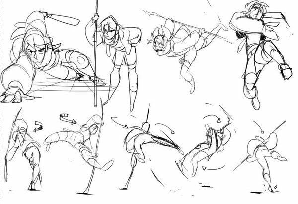 this is a drawing of several character poses for animation. they are all in dynamic and actionoriented poses, some with weapons, suggesting they are in the middle of a fight scene. the style is anime/manga. the drawing is done in black and white with a slightly rough line quality, which is typical of concept art.