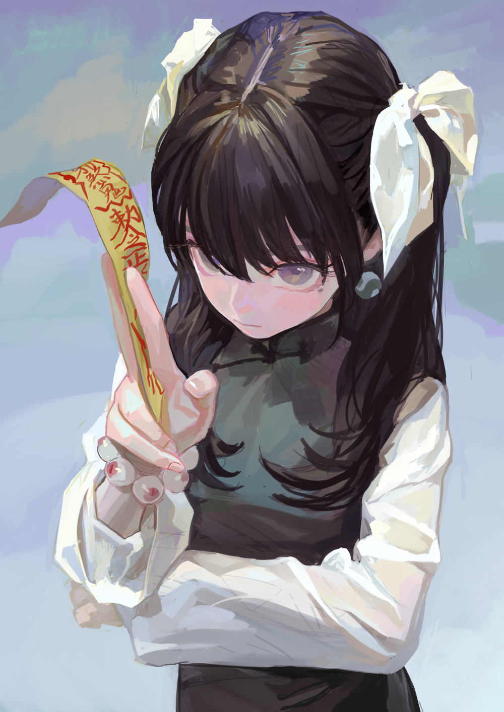 an animestyle image features a young girl with dark hair styled in pigtails adorned with white ribbons. she is wearing a black chinesestyle dress with long white sleeves. the girl holds a yellow scroll in her hand with red lettering. she points forward. a bracelet with spherical beads encircles her wrist. her eyes are a light grey color. the background has a blue and white gradient effect.