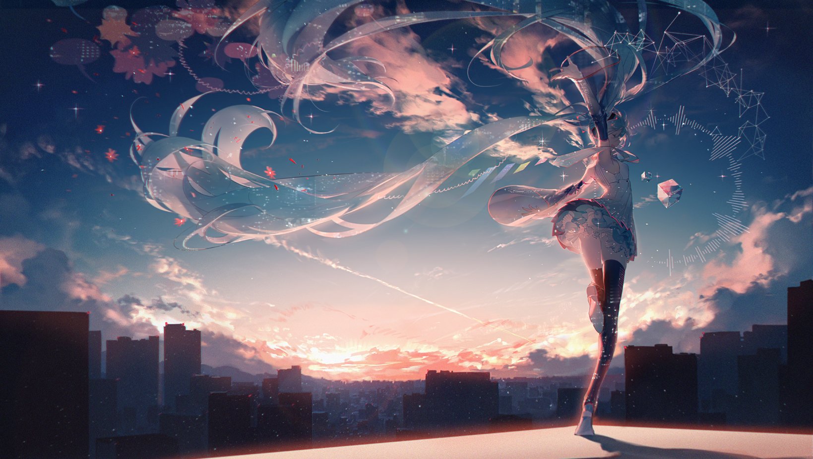 the image shows an animestyle character, possibly hatsune miku, standing against a sunset cityscape. the sky is filled with pink and blue clouds. the character has long, flowing ribbons that extend towards the sky. in the background, there is a city skyline. there are also geometric shapes and patterns surrounding the character.