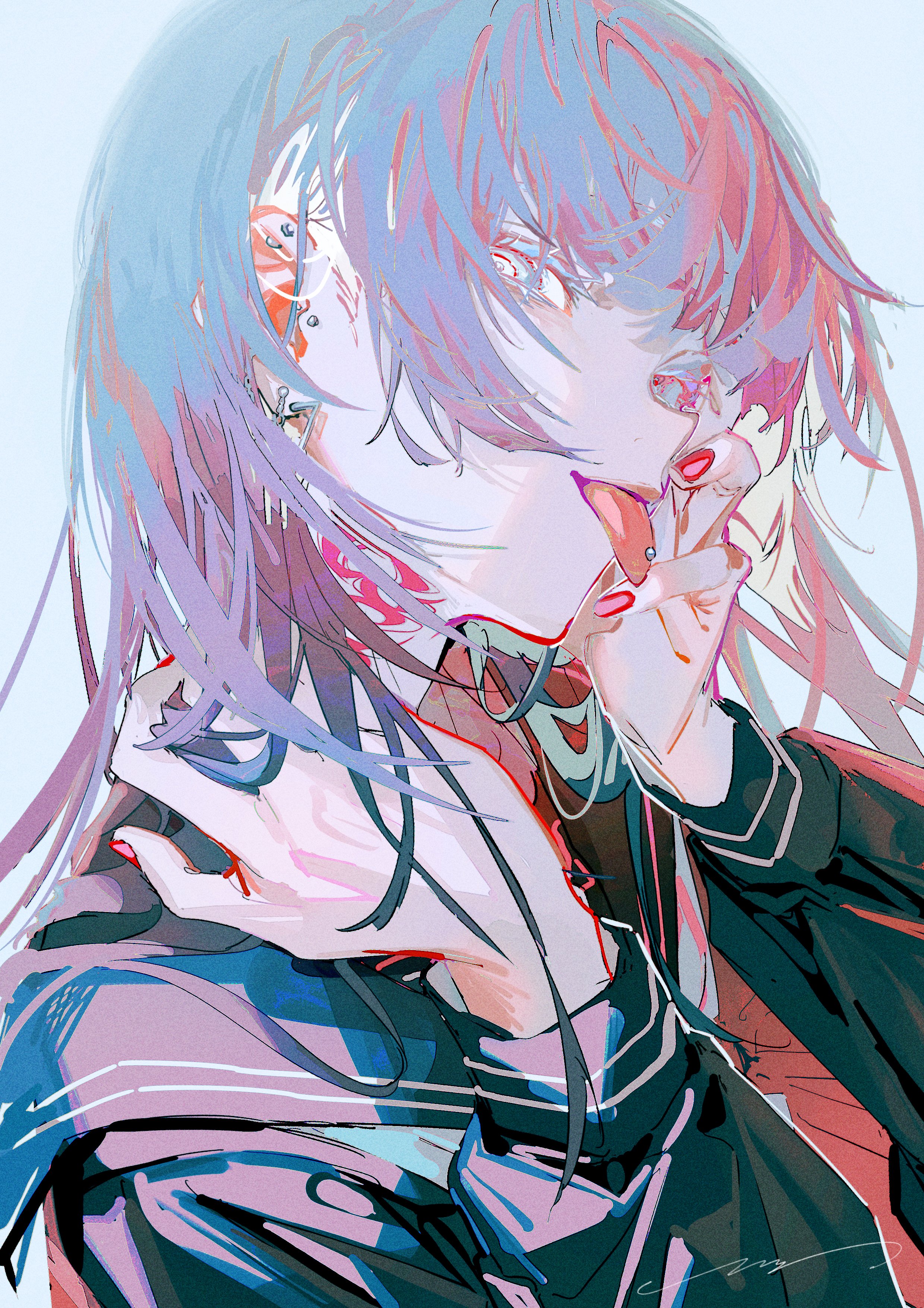 a digital illustration of an anime girl with purple hair, blue eyes, and red lips. she is wearing a school uniform and has a hand over her mouth, like she is trying to stifle a laugh or a scream. her hair is blowing in the wind and her eyes are closed. the colors are bright and vibrant, and the overall mood is playful and energetic.