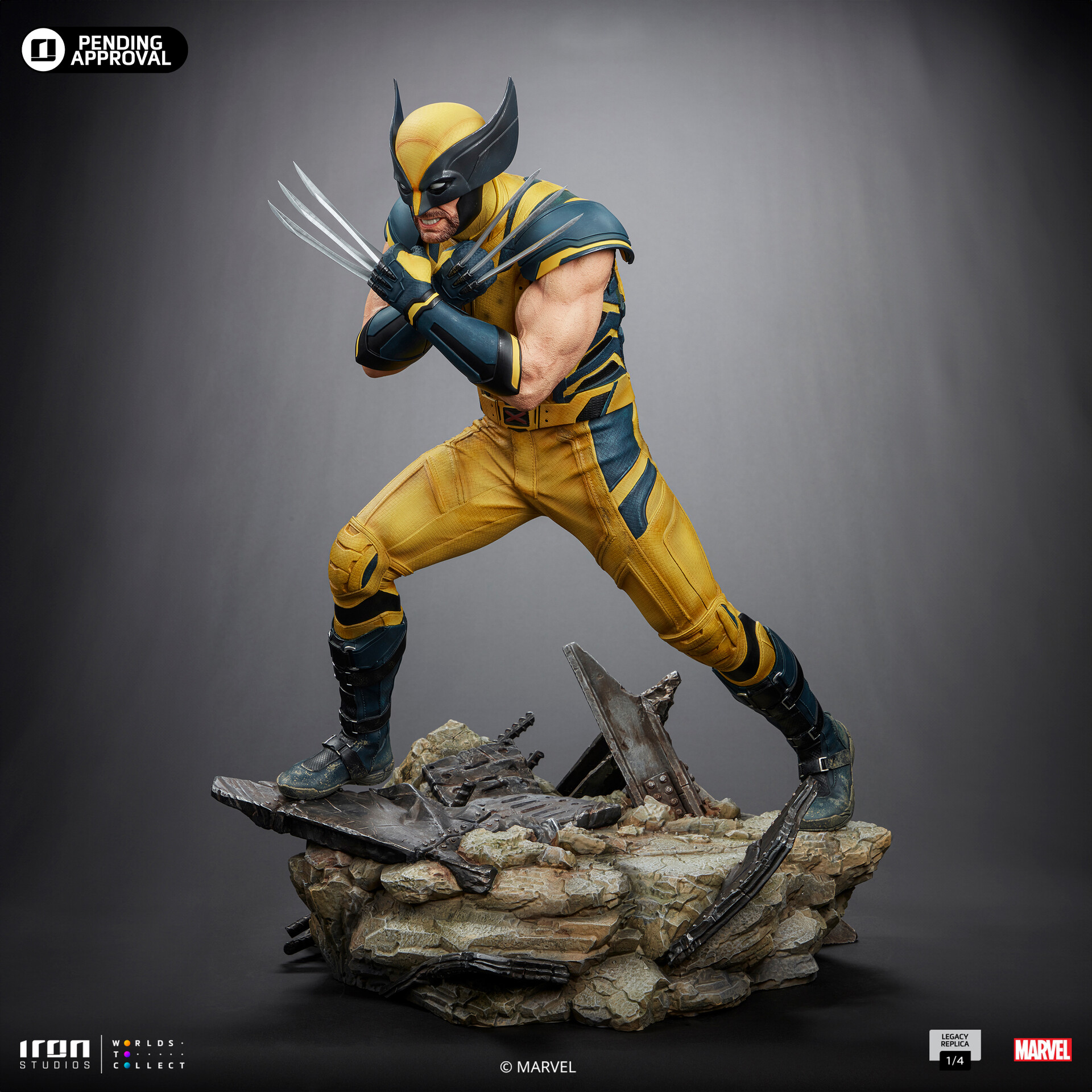 the image showcases a highly detailed statue of the marvel superhero wolverine, posed atop a pile of rubble.  he is crouched, claws extended, in a dynamic stance suggesting imminent action.  the statue captures wolverine in his classic yellow and blue costume.  the lighting is bright and focused, highlighting the detail of the sculpt and the character's fierce expression. the plain background further emphasizes the statue itself.