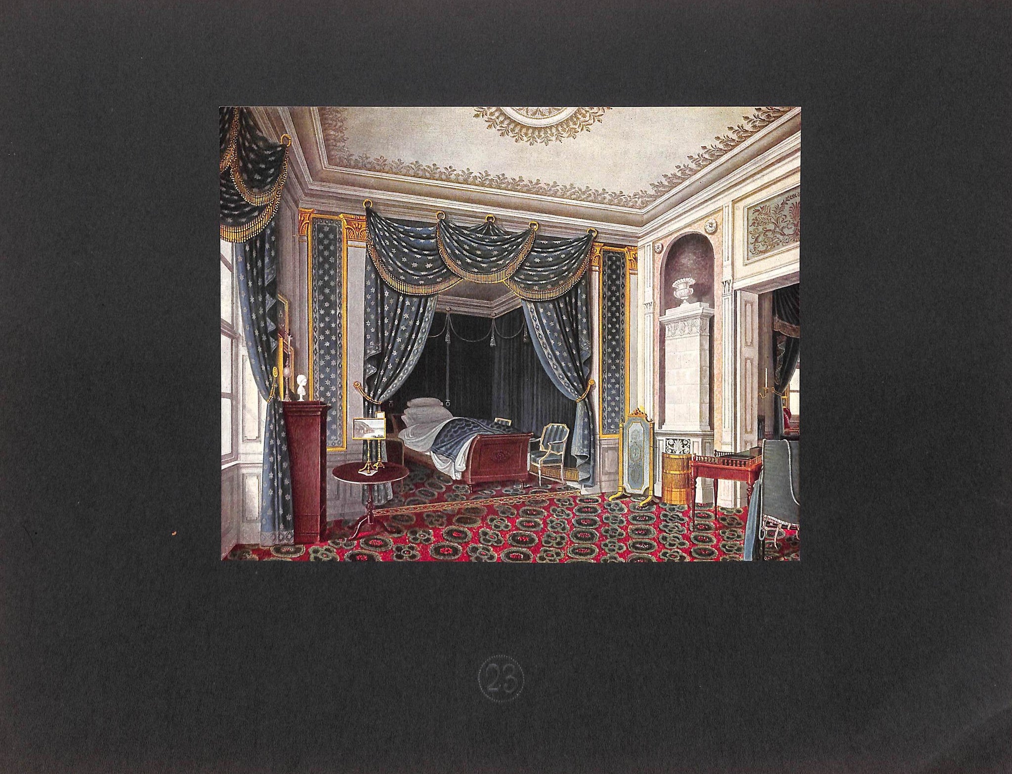 an elaborate bedroom design featuring a fourposter canopy bed with dark blue and gold drapery, antique furniture including a tall table and a writing desk, a red rug with circular patterns, a fireplace with a classical urn, and a decorative ceiling with ornate molding. the room has a window on the left and a large mirror, suggesting a luxurious and historicallyinspired interior.