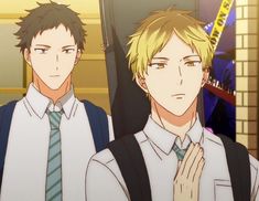this anime image features two young men, likely high school students, standing in a hallway. the focus is on the blond young man on the right, who has a serious expression and is adjusting his shirt collar. the background suggests a school setting, with lockers and a caution tape visible. the overall palette is bright and warm, with a soft lighting effect.