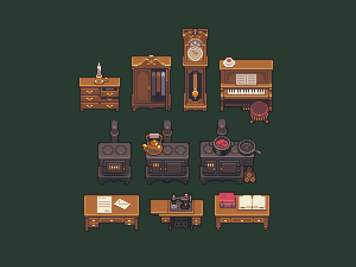 this image contains a collection of pixel art assets depicting various antique and vintage furniture pieces. these items include a wardrobe, dresser, grandfather clock, piano, two woodburning stoves, two desks (one with papers and one with a sewing machine), and other smaller details like a candle and books.  the style is reminiscent of 8bit or retro video games.  the items are arranged against a dark green background.