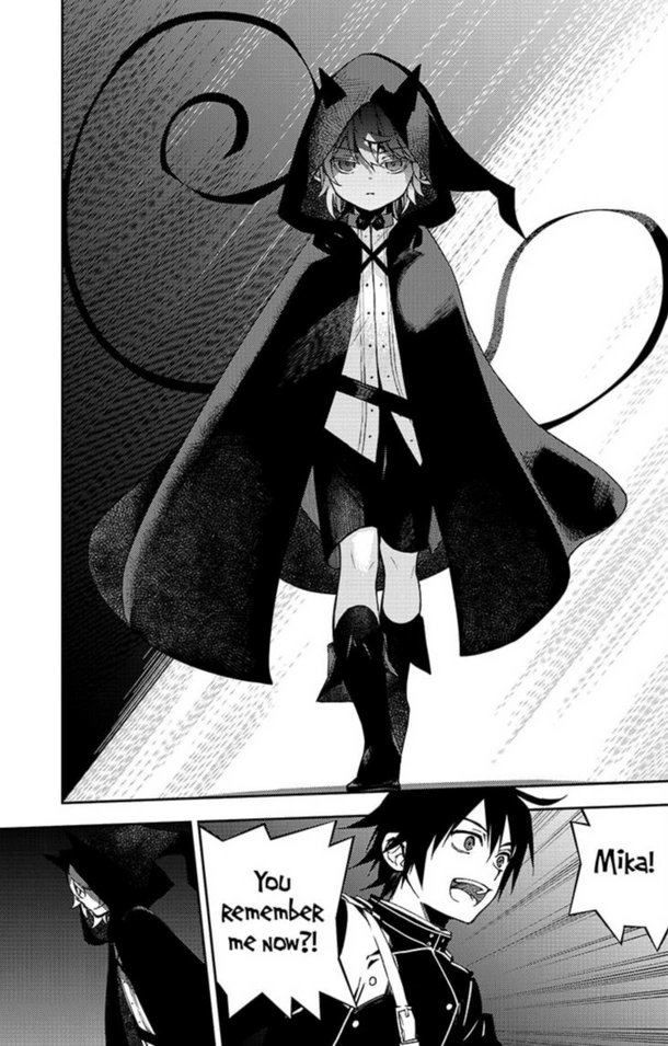 the image is a panel from a manga or anime. the top half shows a young girl, possibly a devil or demon, with horns and a dark cloak. she is looking down, and her expression seems somewhat surprised. the bottom half shows a boy, who seems surprised and happy. the boy is talking, with speech bubbles above his head, one saying "mika!" and another saying "you remember me now?!". the overall style is dark and dramatic. the contrast between light and shadow creates an intense mood. the expressions of both characters convey emotion and surprise.