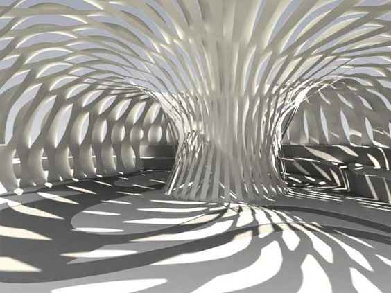 the image showcases a 3d rendering of an abstract architectural structure. the structure features a complex, organic form made up of numerous white, interconnected ribs that create a swirling, cavernous space. the play of light and shadow across the structure highlights its intricate details and adds depth to the composition. the overall aesthetic is modern and futuristic, suggesting an innovative and visually striking design concept.