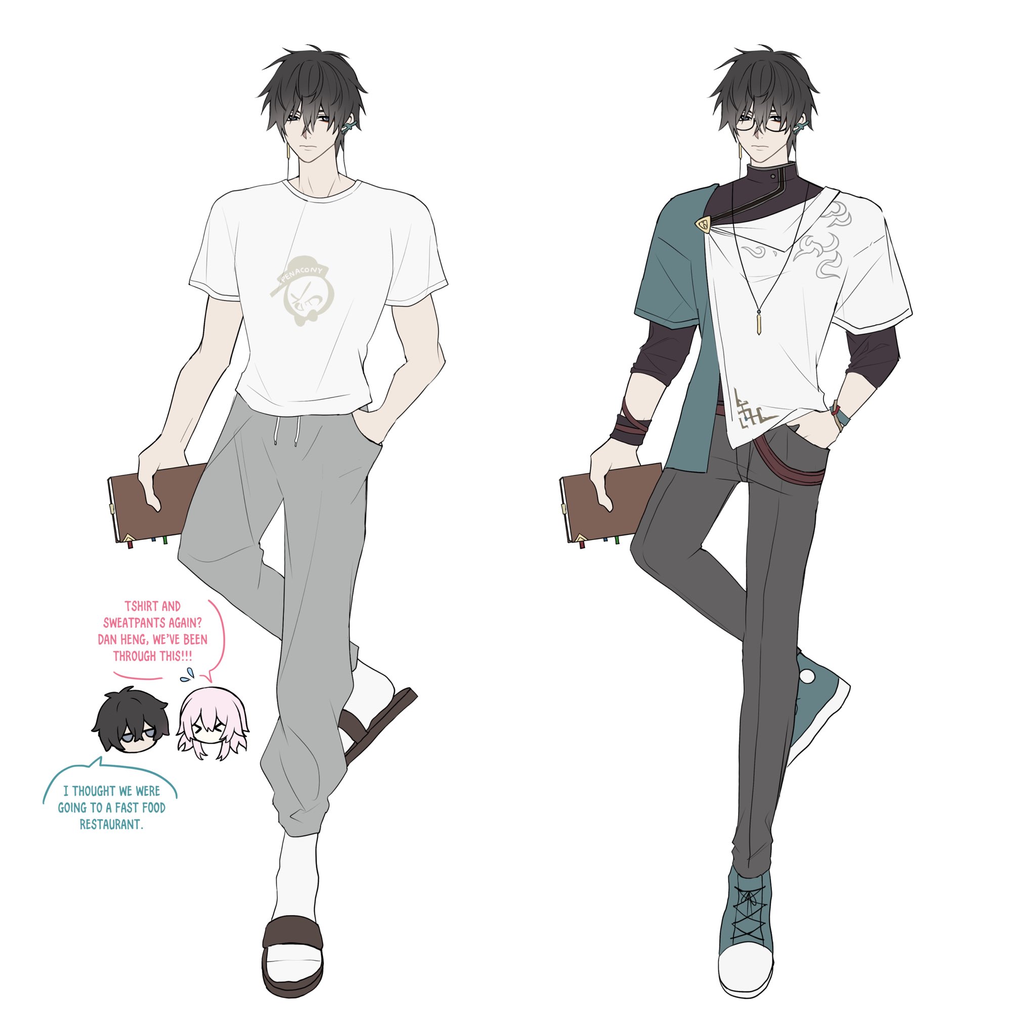two anime boys are standing together. both are wearing casual outfits and holding books. the boy on the left is wearing a white tshirt, grey sweatpants, and black sneakers. the boy on the right is wearing a white tshirt, teal and black jacket, and black pants with white sneakers. they both have black hair and are looking down. there is a speech bubble above the boy on the left that says, "tshirt and sweatpants again? dan heng, we've been through this!!!" there is another speech bubble above the boy on the left that says, "i thought we were going to a fast food restaurant." the background is white.