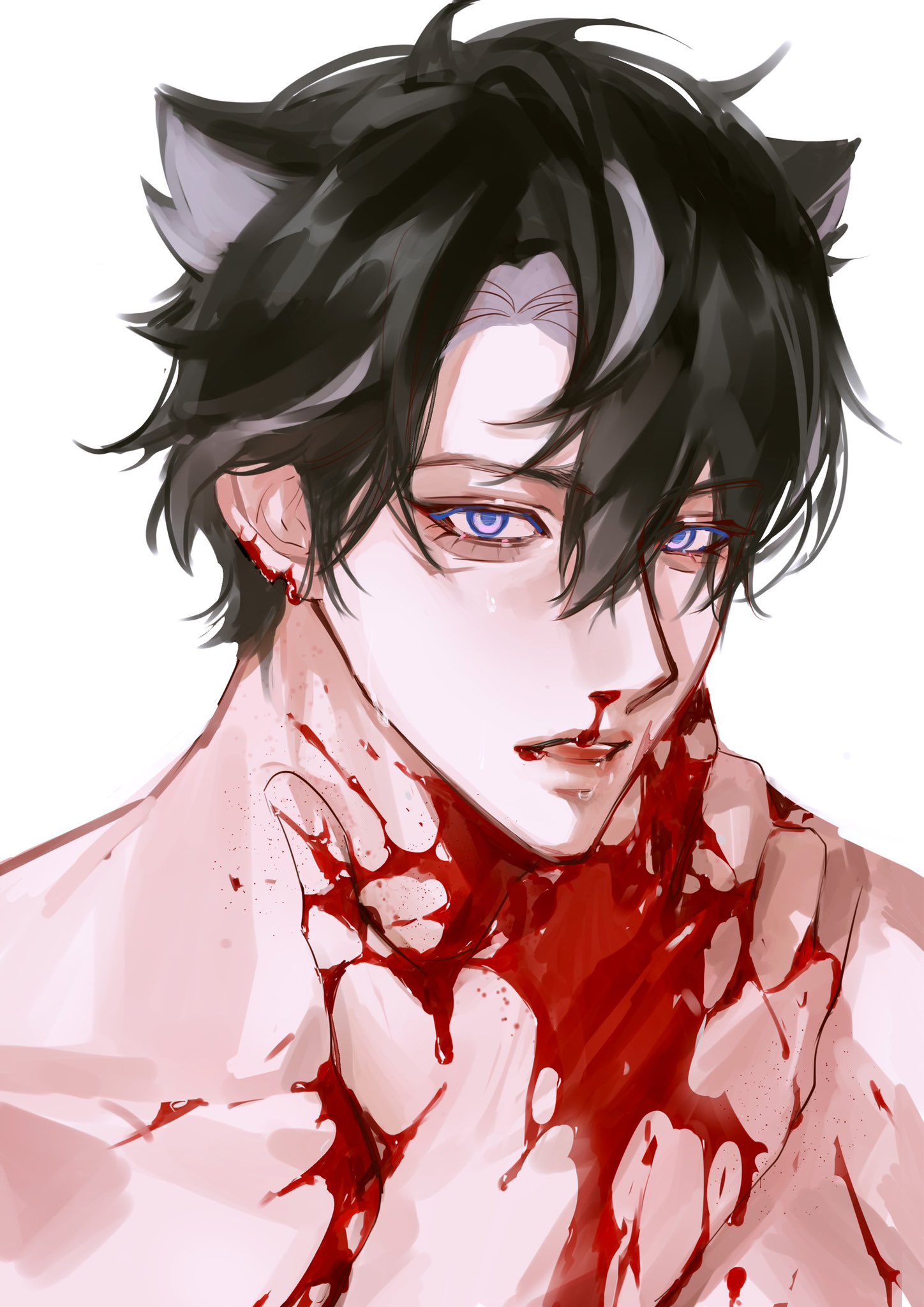 this image depicts a young anime character with black hair and blue eyes. he appears to be injured and has a bloody wound on his neck. he is holding his hands around his neck, with blood dripping down his shirt and onto his hands. his expression is one of pain and distress, possibly indicating that he has been hurt or attacked. the image is drawn in a realistic style and is very emotional, with a focus on the character's suffering.