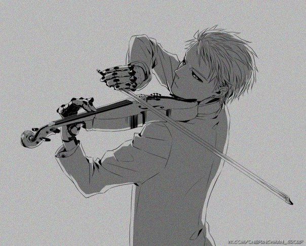 this is a black and white illustration of a young man playing a violin. he is drawn in an anime style and is dressed in a suit. he is standing with his back to the viewer and is looking to the side. he is holding the violin in his left hand and is bowing with his right hand. the illustration is drawn with a lot of detail and is very realistic.